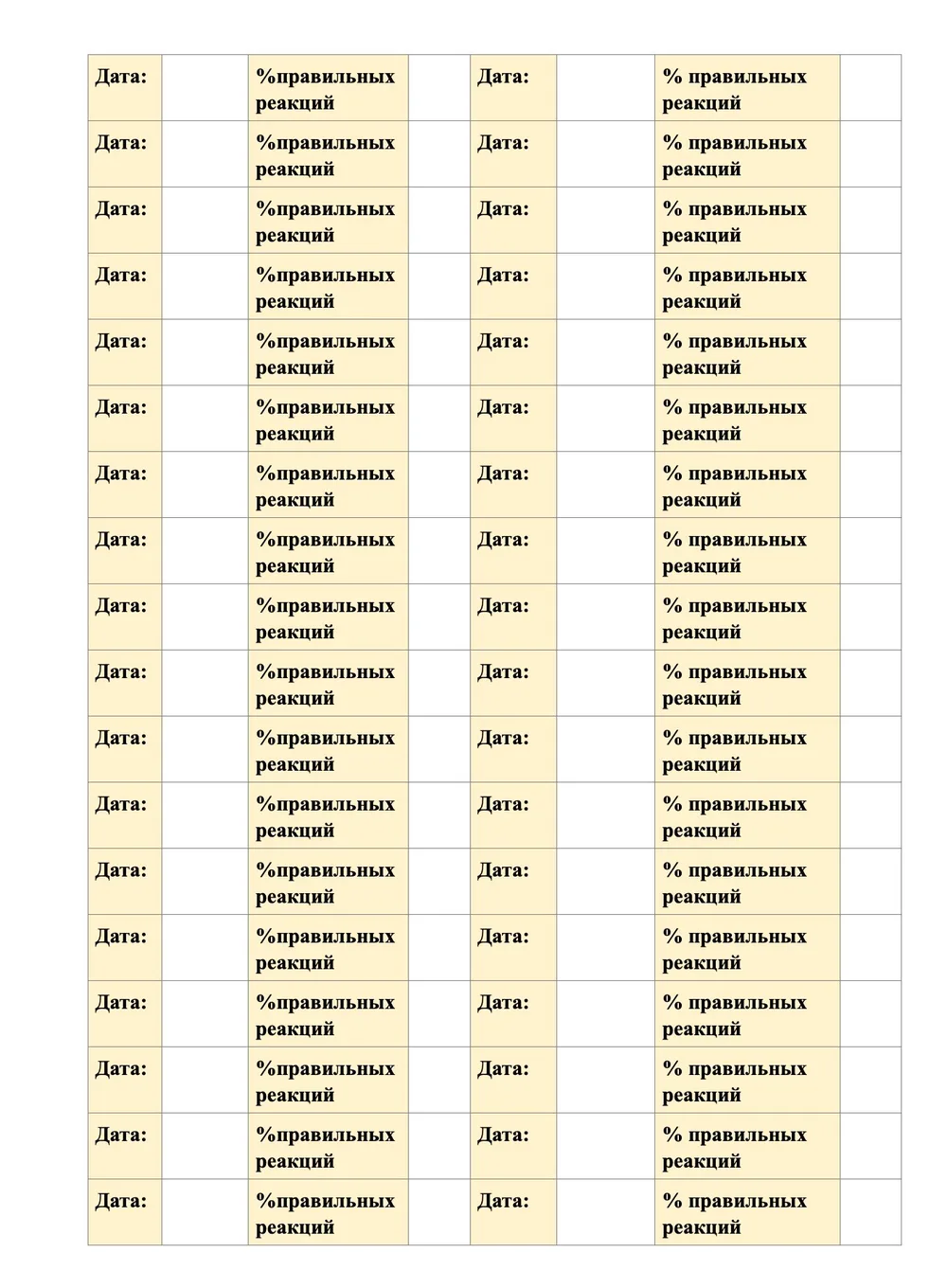One protocol for one child: two A4 pages, all filled in by hand.